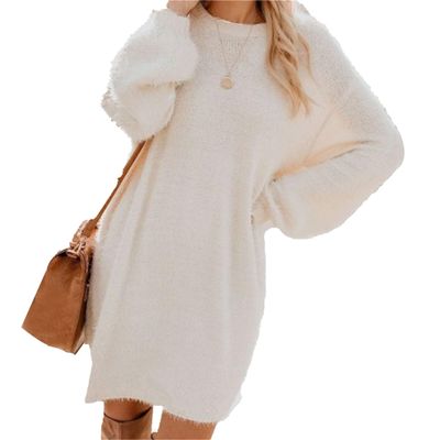 JEKE-DG Women's Furry Pullover Sweater Dress Casual Crewneck Long Sleeve Dress Loose Oversized Knitted Mini Tops (3X-Large,White)