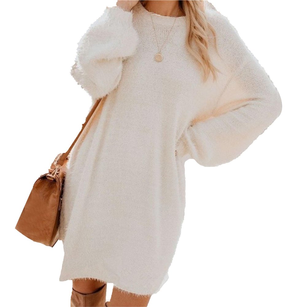 JEKE-DG Women's Furry Pullover Sweater Dress Casual Crewneck Long Sleeve Dress Loose Oversized Knitted Mini Tops (3X-Large,White)