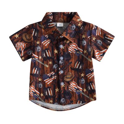 4th of July Toddler Boys Button Down Shirts Kids Independence Day Short Sleeve Flag Print Tee Tops with Pockets (B Brown Guitar, 3-4 Years)