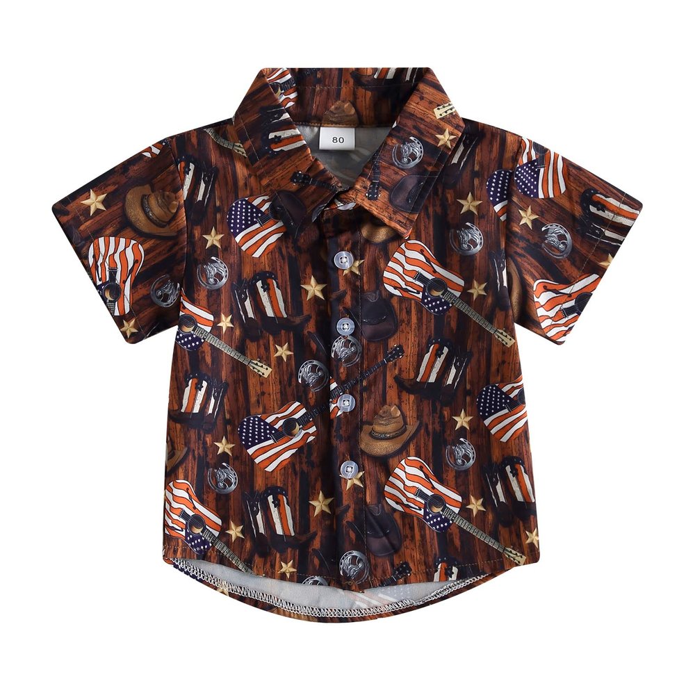 4th of July Toddler Boys Button Down Shirts Kids Independence Day Short Sleeve Flag Print Tee Tops with Pockets (B Brown Guitar, 3-4 Years)