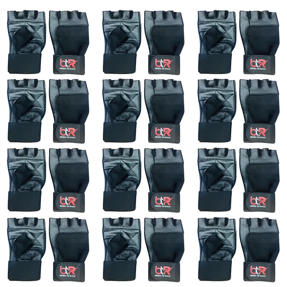 BTR BORN TO RACE 12 Pairs Pack Weight Lifting Gloves Long Wrist Wrap Genuine Cowhide Leather Power Lifting, Gym Fitness, Workout Gloves (12-Pack, M)
