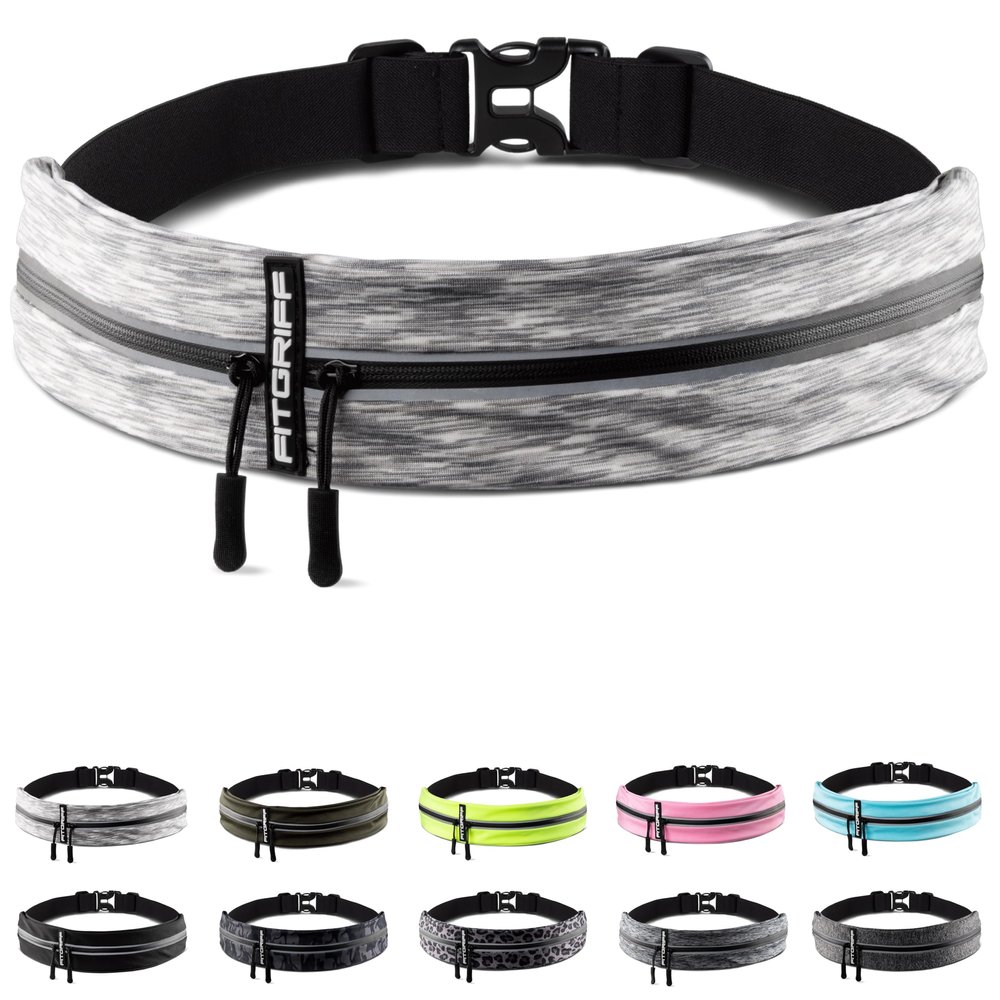 Fitgriff Running Belt for Men & Women - Secure Jogging Pouch for Phone, Keys & Essentials - For All Cell Phones (Whtie, 33.5" - 47.5" Waist Size)