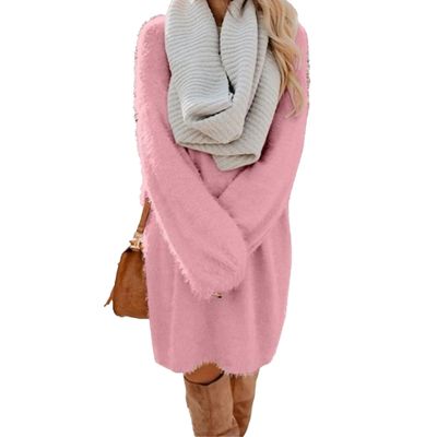JEKE-DG Women's Furry Pullover Sweater Dress Casual Crewneck Long Sleeve Dress Loose Oversized Knitted Mini Tops (Large,Pink)