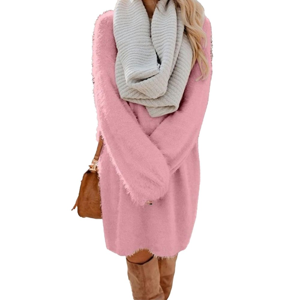 JEKE-DG Women's Furry Pullover Sweater Dress Casual Crewneck Long Sleeve Dress Loose Oversized Knitted Mini Tops (Large,Pink)