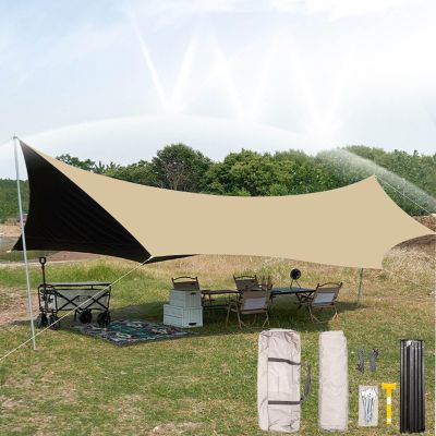 1814ft Camping Tarp Rain Fly, Waterproof Camping Awning With 3 Poles UV Awning Canopy Ideal To Enjoy With Family And Friends For Hiking, Picnic And Outdoor Activities ( Color : Beach Gold , Size : 17