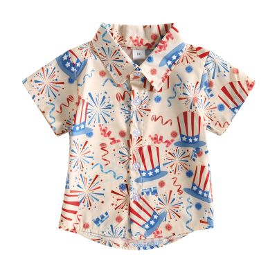 4th of July Toddler Boys Button Down Shirts Kids Independence Day Short Sleeve Flag Print Tee Tops with Pockets (B Apricot Fireworks, 3-4 Years)