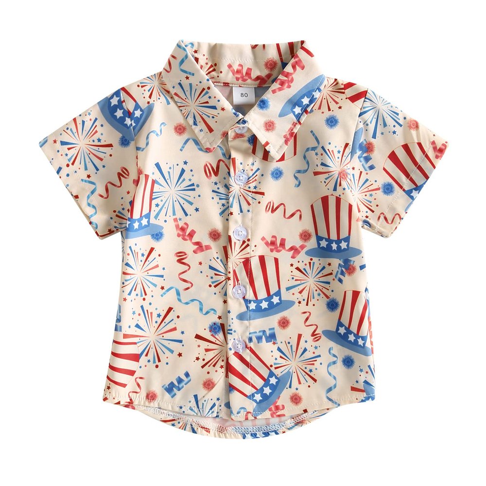 4th of July Toddler Boys Button Down Shirts Kids Independence Day Short Sleeve Flag Print Tee Tops with Pockets (B Apricot Fireworks, 3-4 Years)