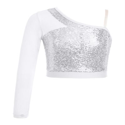 Shinsto Kids Girls Hip Hop Jazz Dance Top One Shoulder Long Sleeve Shiny Sequins Athletic Shirts Silver 8 Years