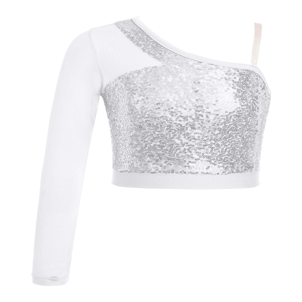 Shinsto Kids Girls Hip Hop Jazz Dance Top One Shoulder Long Sleeve Shiny Sequins Athletic Shirts Silver 8 Years