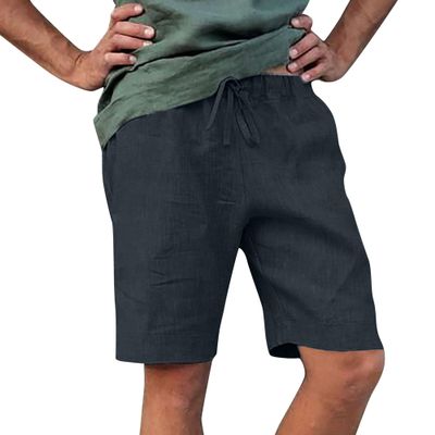 Men's Linen Classic Fit Shorts Cargo Elastic Waist with Pockets Short Drawstring Cotton Outdoor Short Pant (Blue,Large)