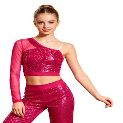 Shinsto Kids Girls Hip Hop Jazz Dance Top One Shoulder Long Sleeve Shiny Sequins Athletic Shirts Gold 8 Years