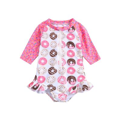 Egmy Toddler Girls Beachwear Long Sleeve Donut Printed Swimsuit Two Swimsuit Bikini Beach (Hot Pink, 6-12 Months)