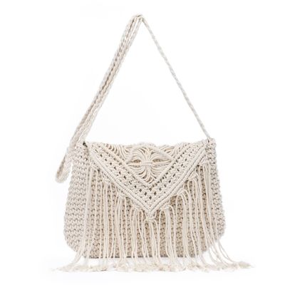 LUI SUI Crochet Tassel Shoulder Bag Handwoven Fringed White Purse Summer Beach Bag Ethnic Boho Tassel Handbags