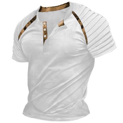 xoxingysm Mens Casual Henley Shirts Button Up Short Sleeve Raglan Pleated Slim Fit T Shirts Gym Workout Comfy Summer Tops White