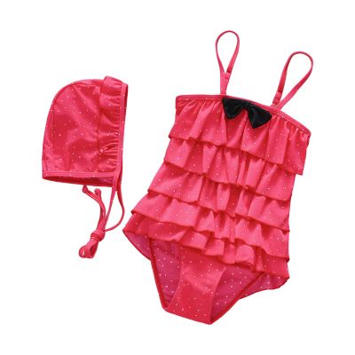 Egmy Toddler Baby Girl Colorful Dots Swimsuit Sport Bikini Set Bowknot Swimwear Bathing Hat Suit (Hot Pink, 8-9 Years)