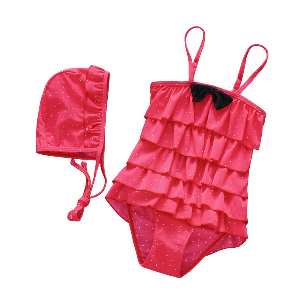 Egmy Toddler Baby Girl Colorful Dots Swimsuit Sport Bikini Set Bowknot Swimwear Bathing Hat Suit (Hot Pink, 8-9 Years)