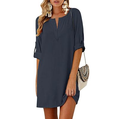 TIAFORD Women's Half Sleeve Cotton Linen Shirt Dress V Neck Button Down Summer Casual Solid Plus Size Midi Dresses Dark Blue