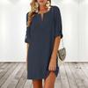 TIAFORD Women's Half Sleeve Cotton Linen Shirt Dress V Neck Button Down Summer Casual Solid Plus Size Midi Dresses Dark Blue view 2