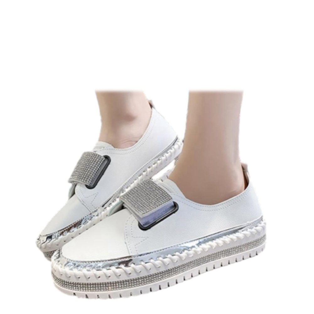 SACFOF Women's Platform Rhinestones Glitter Sneaker Slip On Comfort Sneaker Flat Loafer Casual Shoes