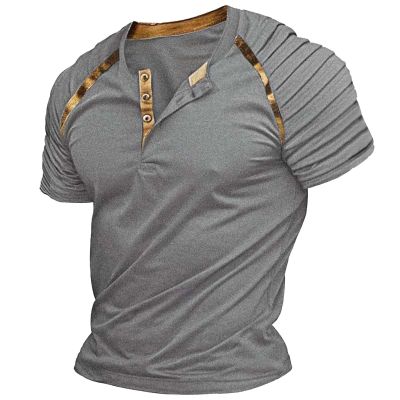 xoxingysm Mens Casual Henley Shirts Button Up Short Sleeve Raglan Pleated Slim Fit T Shirts Gym Workout Comfy Summer Tops Grey