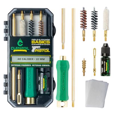 Clenzoil Pistol Basics Single-Caliber Cleaning Kit - All-in-One Gun Cleaning Kit - Gun Maintenance & Firearm Care - with Bore Brushes, Gun Oil & More - for 40 Caliber & 10 mm Pistols
