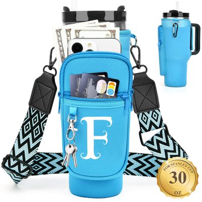 LOKASS Water Bottle Holder with Strap for Stanley Cup 30 oz Tumbler, Personalized Initial Stanley Cup Accessories 30oz, Stanley Cup Carrier Bag for Walking, Valentines Day Gifts for Women, Men, Girls
