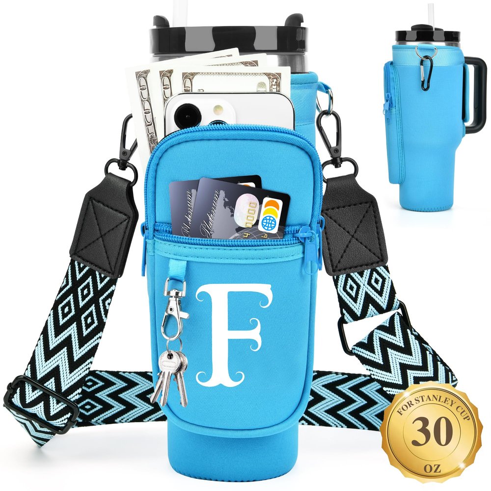 LOKASS Water Bottle Holder with Strap for Stanley Cup 30 oz Tumbler, Personalized Initial Stanley Cup Accessories 30oz, Stanley Cup Carrier Bag for Walking, Valentines Day Gifts for Women, Men, Girls