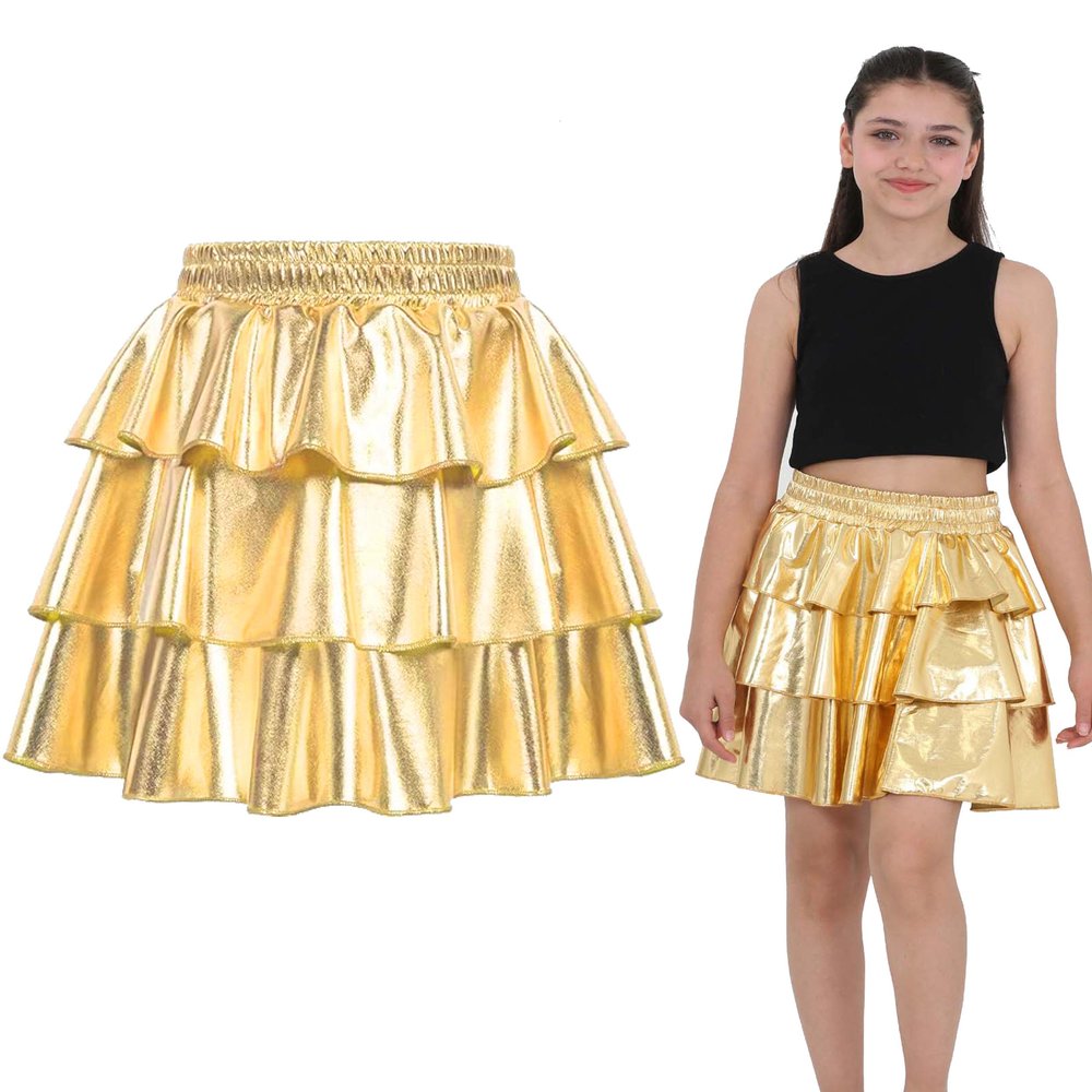 ERDEM KIDS Girls Metallic Skirt 3-Layer Ruffle Sparkly Shiny Dance Party Skirt(MST Gold 4-5 Years)