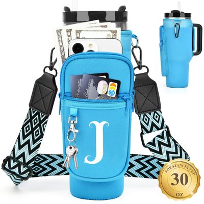 LOKASS Water Bottle Holder with Strap for Stanley Cup 30 oz Tumbler, Personalized Initial Stanley Cup Accessories 30oz, Stanley Cup Carrier Bag for Walking, Valentines Day Gifts for Women, Men, Girls