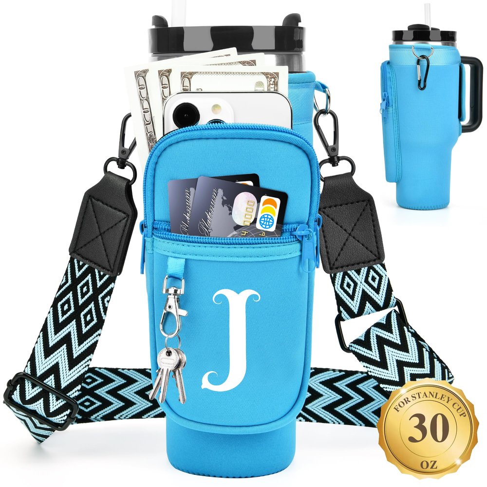 LOKASS Water Bottle Holder with Strap for Stanley Cup 30 oz Tumbler, Personalized Initial Stanley Cup Accessories 30oz, Stanley Cup Carrier Bag for Walking, Valentines Day Gifts for Women, Men, Girls