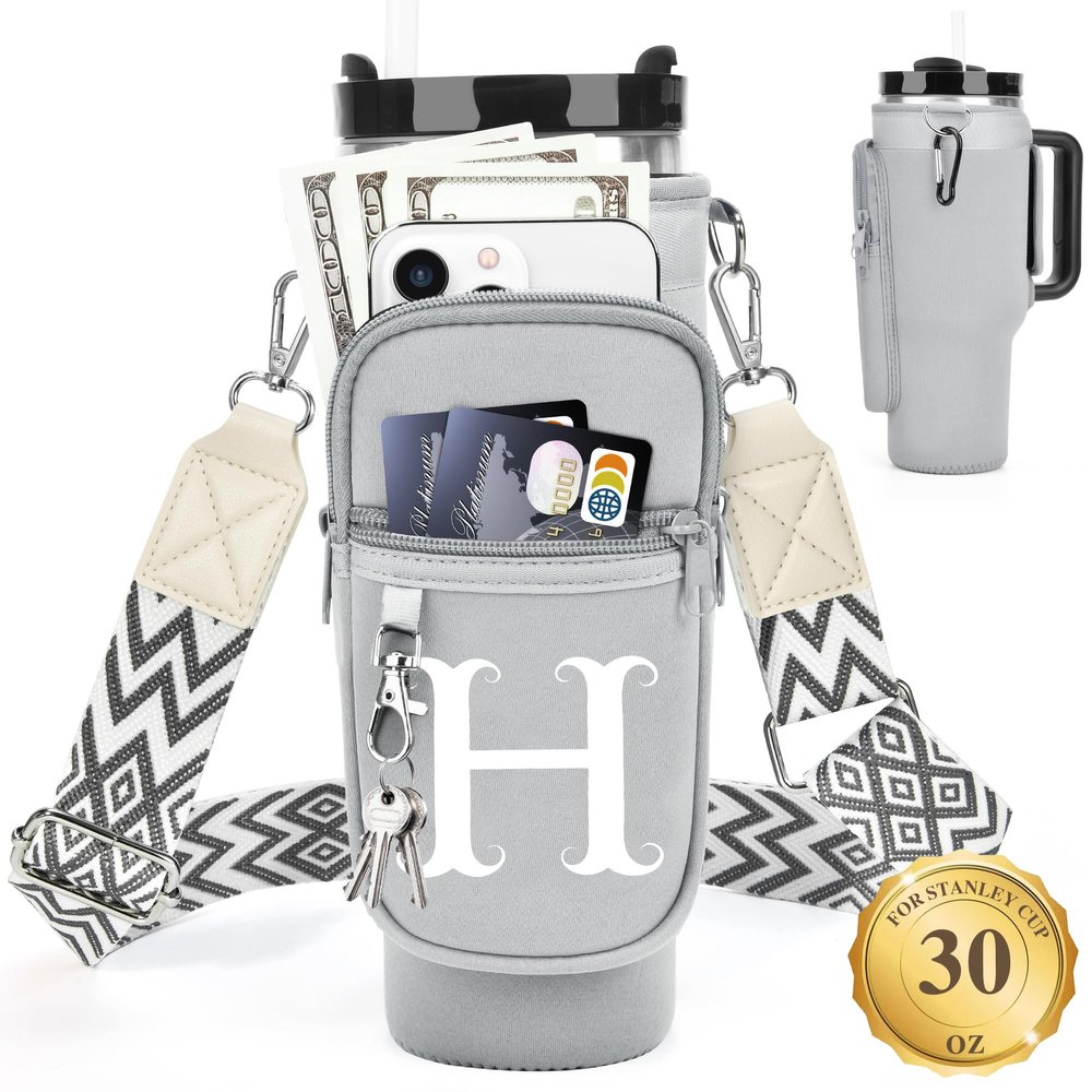 LOKASS Water Bottle Holder with Strap for Stanley Cup 30 oz Tumbler, Personalized Initial Stanley Cup Accessories 30oz, Stanley Cup Carrier Bag for Walking, Valentines Day Gifts for Women, Men, Girls