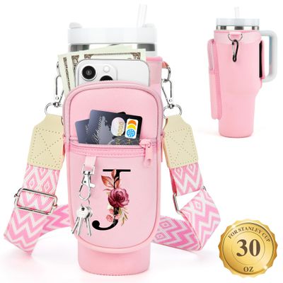 LOKASS Water Bottle Holder with Strap for Stanley Cup 30 oz Tumbler, Personalized Initial Stanley Cup Accessories 30oz, Stanley Cup Carrier Bag for Walking, Valentines Day Gifts for Women, Men, Girls