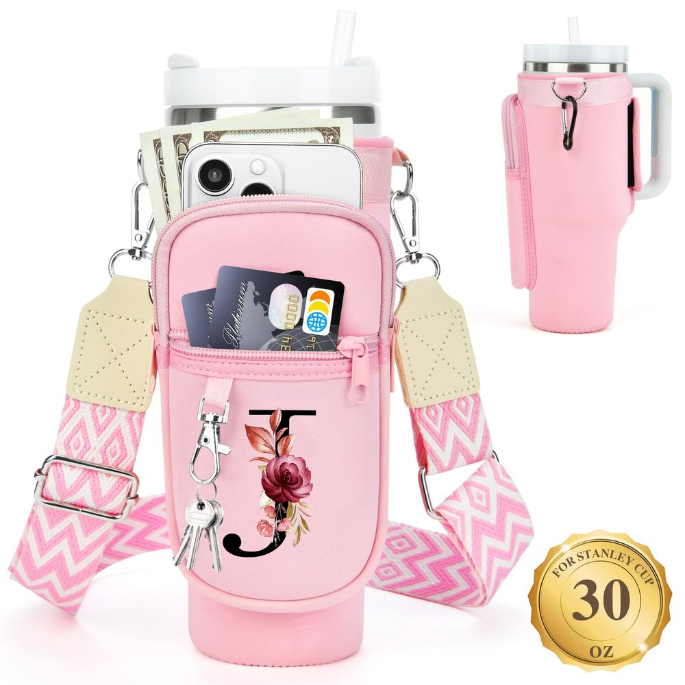 LOKASS Water Bottle Holder with Strap for Stanley Cup 30 oz Tumbler, Personalized Initial Stanley Cup Accessories 30oz, Stanley Cup Carrier Bag for Walking, Valentines Day Gifts for Women, Men, Girls