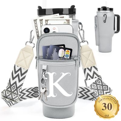 LOKASS Water Bottle Holder with Strap for Stanley Cup 30 oz Tumbler, Personalized Initial Stanley Cup Accessories 30oz, Stanley Cup Carrier Bag for Walking, Valentines Day Gifts for Women, Men, Girls