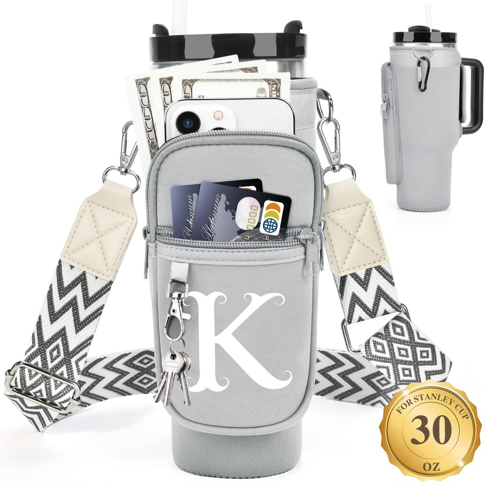LOKASS Water Bottle Holder with Strap for Stanley Cup 30 oz Tumbler, Personalized Initial Stanley Cup Accessories 30oz, Stanley Cup Carrier Bag for Walking, Valentines Day Gifts for Women, Men, Girls