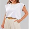 2024 Tops for Women Trendy Summer Casual Cap Short Sleeve Basic Solid Color Crewneck T Shirts Blouse (White,L) view 3