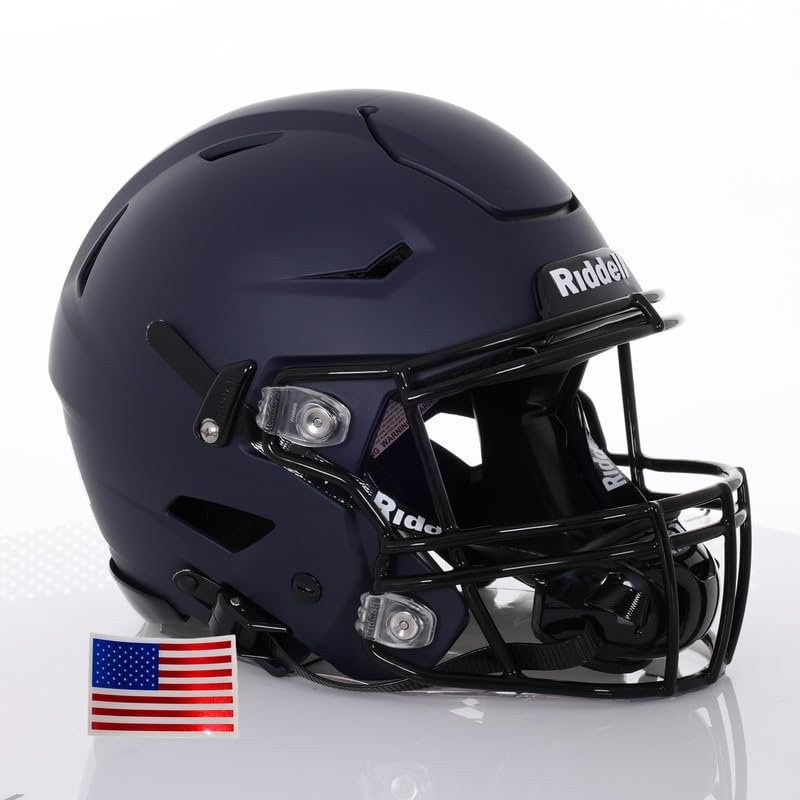 Riddell SpeedFlex Adult Helmet w/Black SF-2BD Facemask + US Flag Decal (Matte Navy, Small) - Green Gridiron