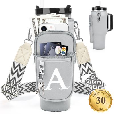 LOKASS Water Bottle Holder with Strap for Stanley Cup 30 oz Tumbler, Personalized Initial Stanley Cup Accessories 30oz, Stanley Cup Carrier Bag for Walking, Valentines Day Gifts for Women, Men, Girls