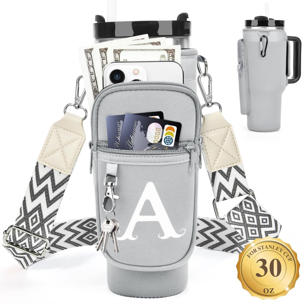LOKASS Water Bottle Holder with Strap for Stanley Cup 30 oz Tumbler, Personalized Initial Stanley Cup Accessories 30oz, Stanley Cup Carrier Bag for Walking, Valentines Day Gifts for Women, Men, Girls