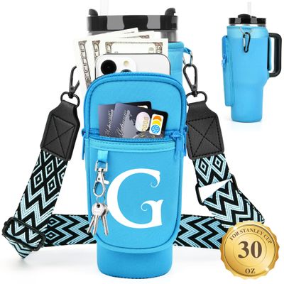 LOKASS Water Bottle Holder with Strap for Stanley Cup 30 oz Tumbler, Personalized Initial Stanley Cup Accessories 30oz, Stanley Cup Carrier Bag for Walking, Valentines Day Gifts for Women, Men, Girls