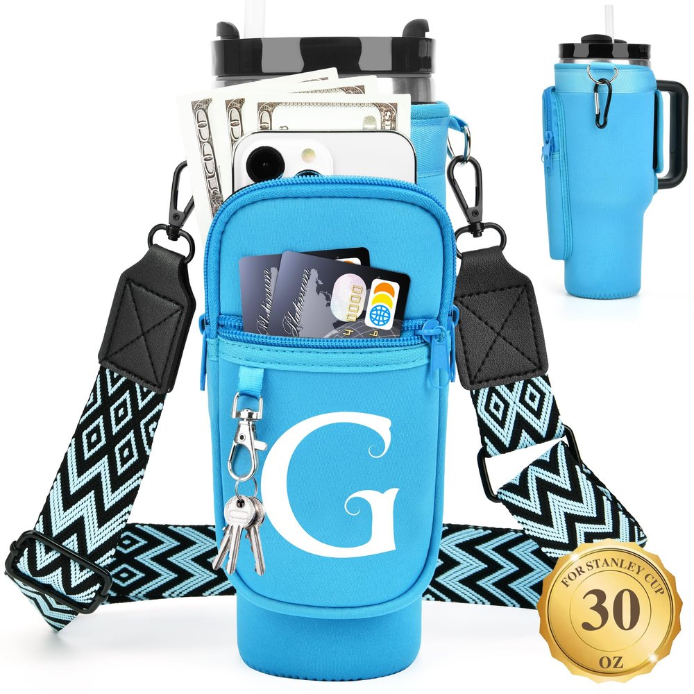 LOKASS Water Bottle Holder with Strap for Stanley Cup 30 oz Tumbler, Personalized Initial Stanley Cup Accessories 30oz, Stanley Cup Carrier Bag for Walking, Valentines Day Gifts for Women, Men, Girls