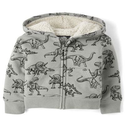 The Children's Place,Baby-Boys,and Toddler Long Sleeve, Sherpa Lined, Zip-Front Hoodie Sweatshirt,Grey Dino,6 Months,9 Months
