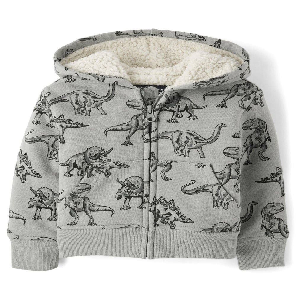 The Children's Place,Baby-Boys,and Toddler Long Sleeve, Sherpa Lined, Zip-Front Hoodie Sweatshirt,Grey Dino,6 Months,9 Months