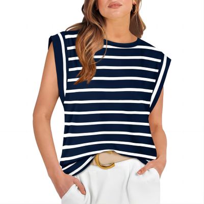 2024 Tops for Women Trendy Summer Casual Cap Short Sleeve Basic Solid Color Crewneck T Shirts Blouse (Navyblue,M)