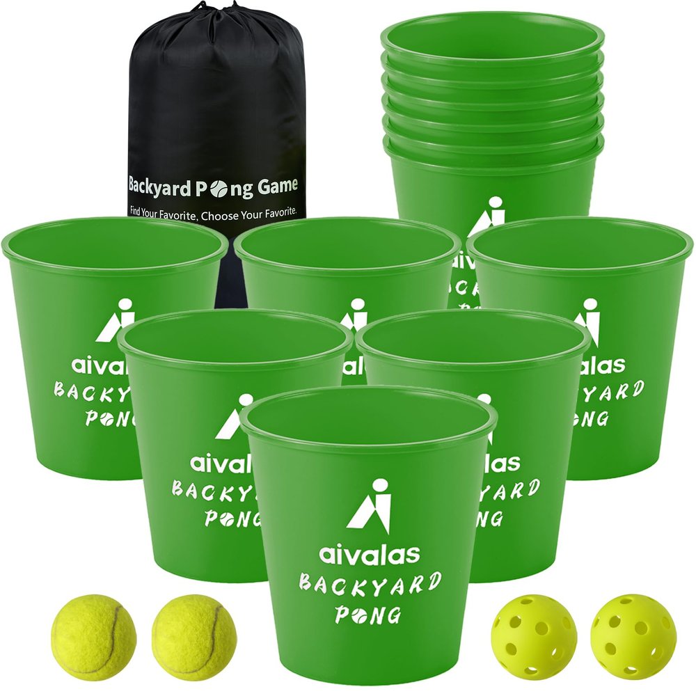 Aivalas Yard Pong Outdoor Games, Giant Yard Games Set with 12 Buckets and Balls for Adults and Family, Toss Game Throwing Games for Beach, Camping, Lawn and Backyard