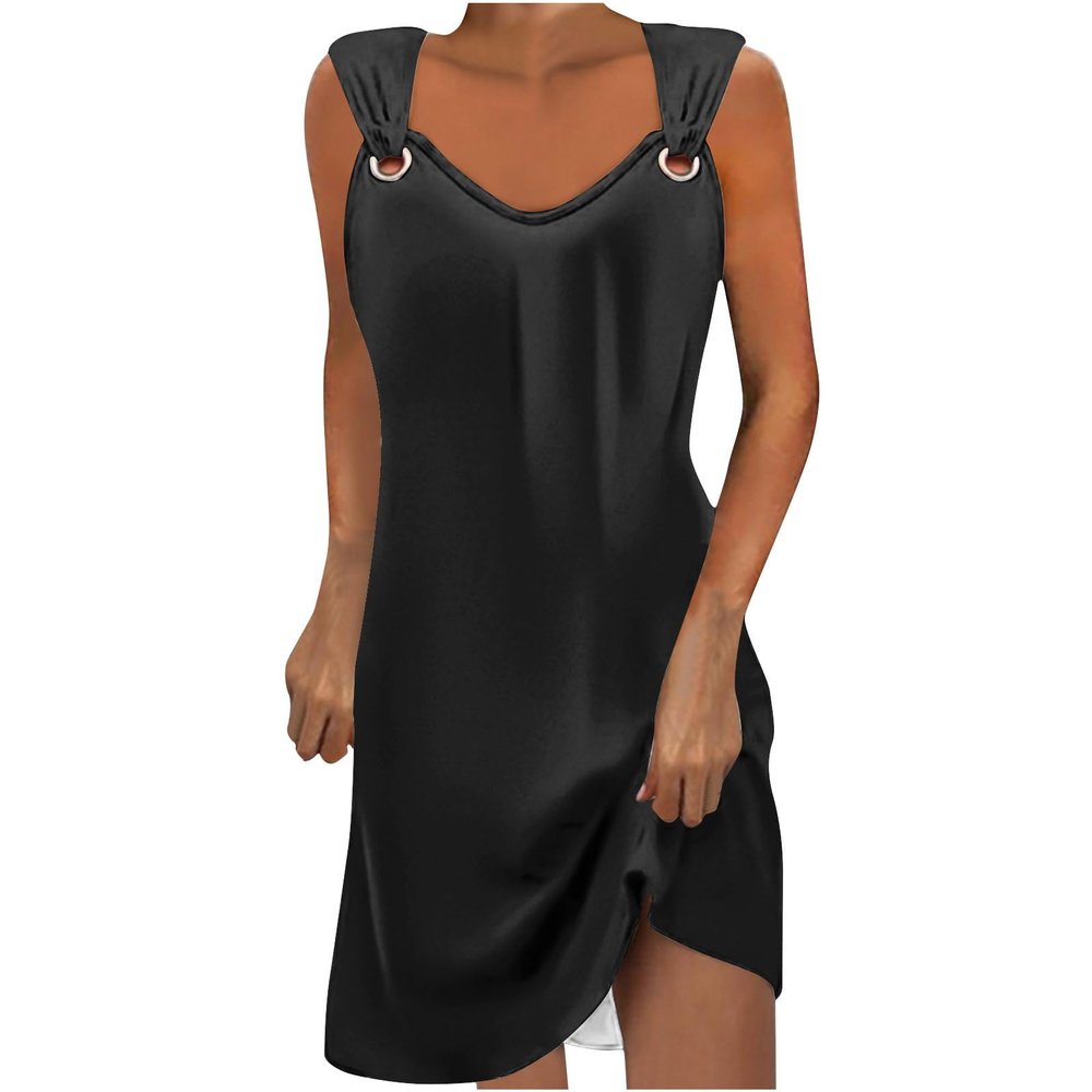 womens fashion Dresses for Women 2024 Casual Summer Dresses Sleeveless Midi Dress Crewneck Ring Straps Loose Fit Solid Color Sundress