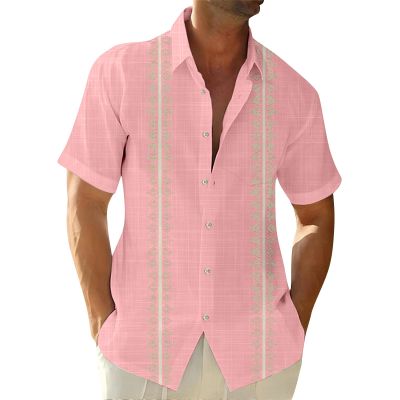 Hawaiian Shirt for Men V Neck Short Sleeve Aloha Shirts Stretch Button Down Tops Summer Beach Blouses with Pocket