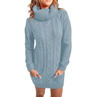 JEKE-DG Womens Cable Knit Sweater Dress Fall Winter Knit Turtleneck Dress Long Sleeve Tunic Dress with Pockets (Medium,Light Blue)