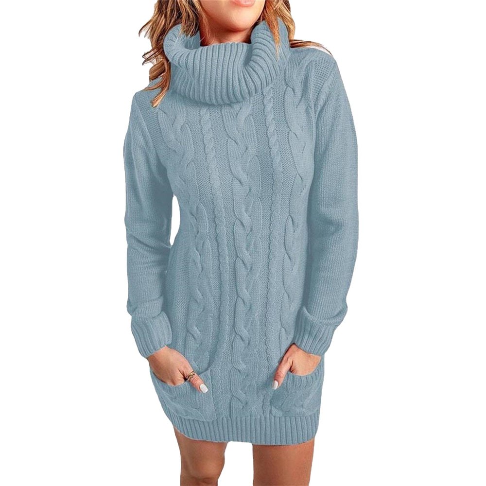 JEKE-DG Womens Cable Knit Sweater Dress Fall Winter Knit Turtleneck Dress Long Sleeve Tunic Dress with Pockets (Medium,Light Blue)