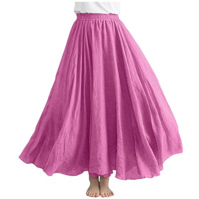 womens fashion Womens Summer Maxi Skirts Elastic High Waisted Pleated A-Line Dress Loose Solid Color Lined Casual Flowy Beach Sundress Hot Pink
